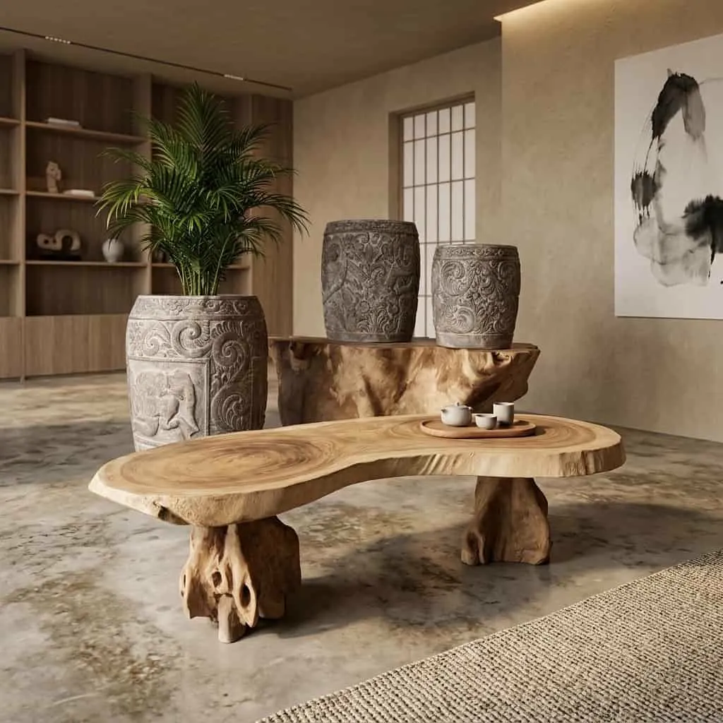 Couchtisch Miranda Suarholz Wurzelfuß Organisch 200 cm in einem stimmungsvollen Wohnzimmer mit Pflanze und Dekoration - World of Brosi