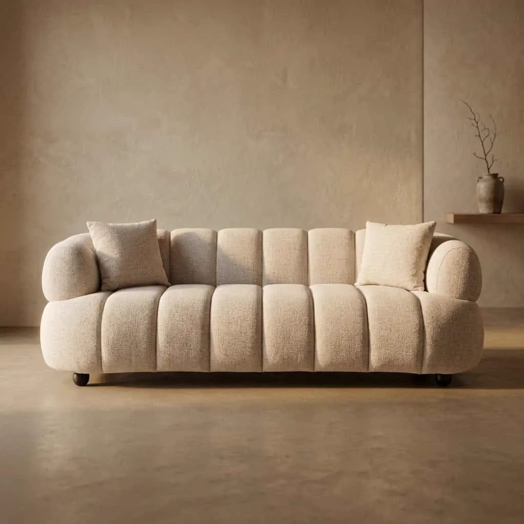 Sofa Amelia natur fancy in einer Studio-Umgebung mit heller Wand und Boden, zwei Zierkissen - Richmond Interiors