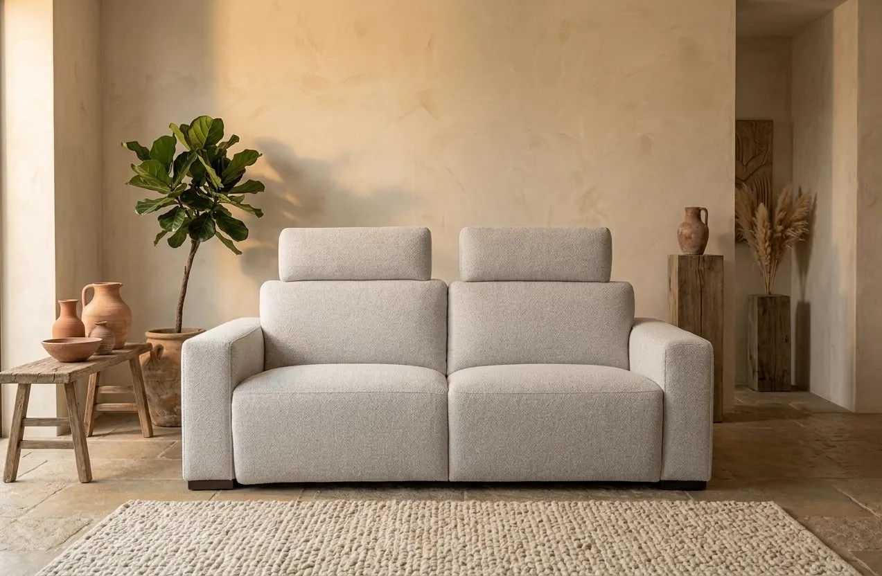 Sofa Columbus mit Relaxfunktion in einem hellen Wohnzimmer mit Pflanze und Tontöpfen - Mokana Furniture