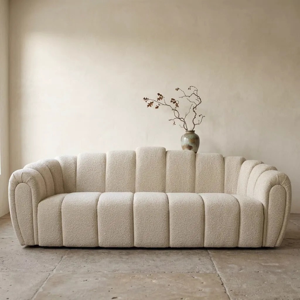 Sofa Croissant Biscotti in einer Studio-Umgebung, von vorne fotografiert mit einer Vase auf der Rückenlehne - Richmond Interiors