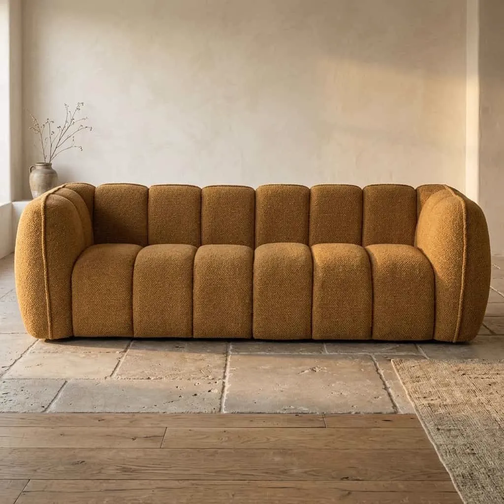 Sofa Cubetto Mustard in einem hellen Wohnzimmer mit einer Vase und Zweigen im Hintergrund - By-Boo