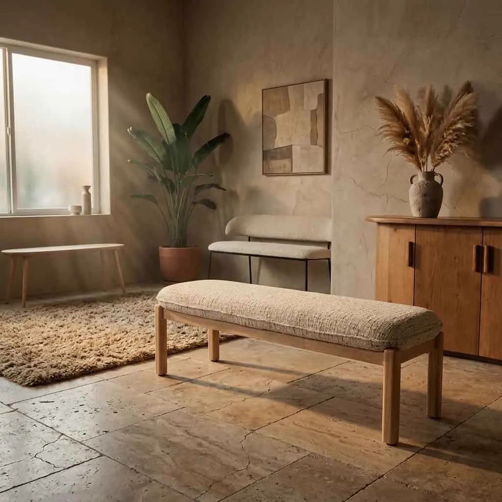Sitzbank Lottie beige Nori in einem stimmungsvollen Wohnzimmer mit großem Fenster und Pflanzen - Eleonora