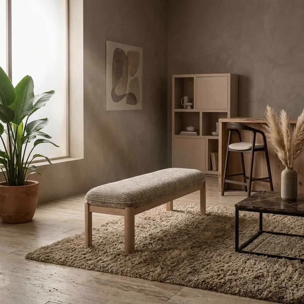 Bank Lottie Taupe Nori in einem stimmungsvollen Wohnzimmer mit Pflanze und Teppich - Eleonora