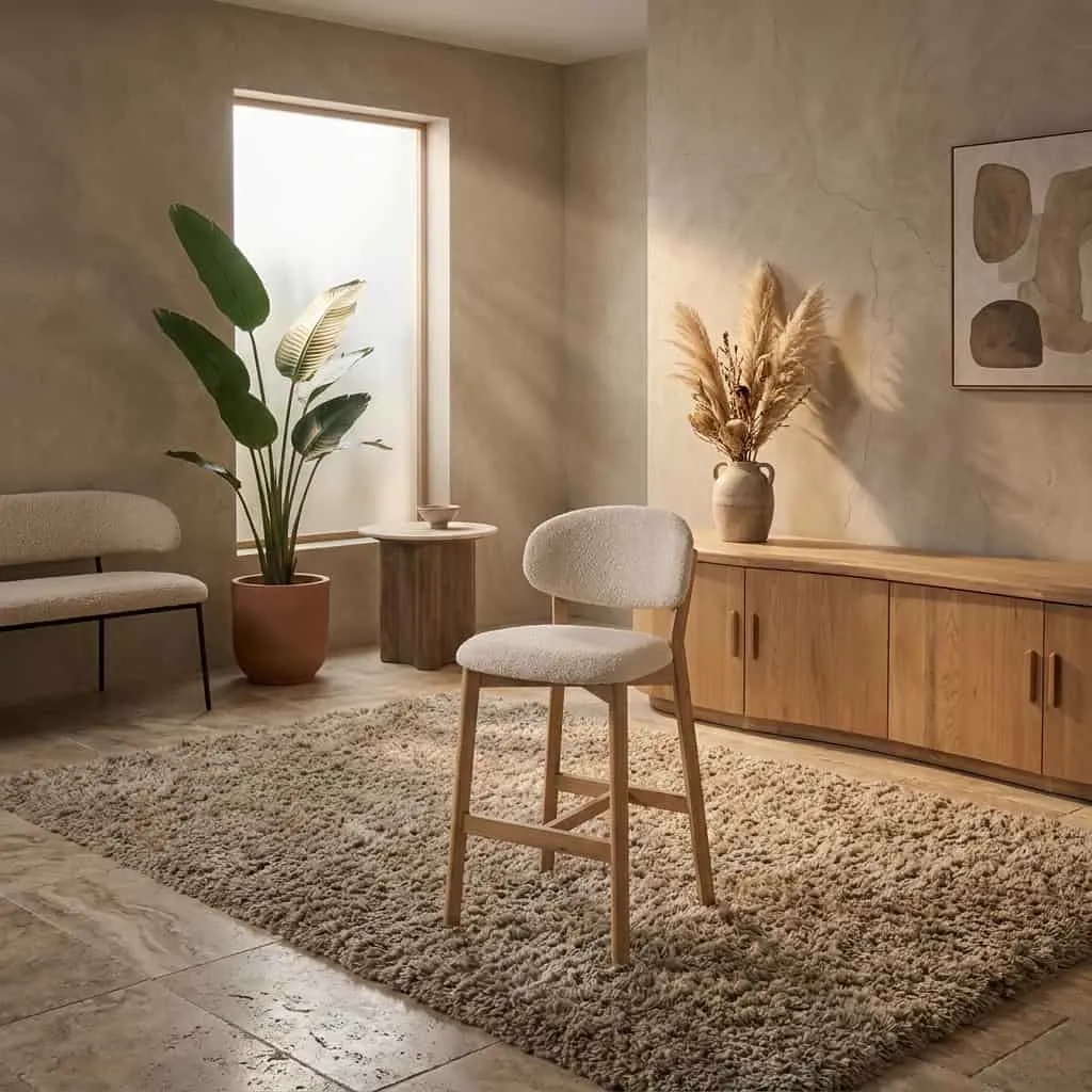 Barhocker Mikky natur - beige Moon in einem hellen Wohnzimmer mit Pflanze und Teppich - Eleonora