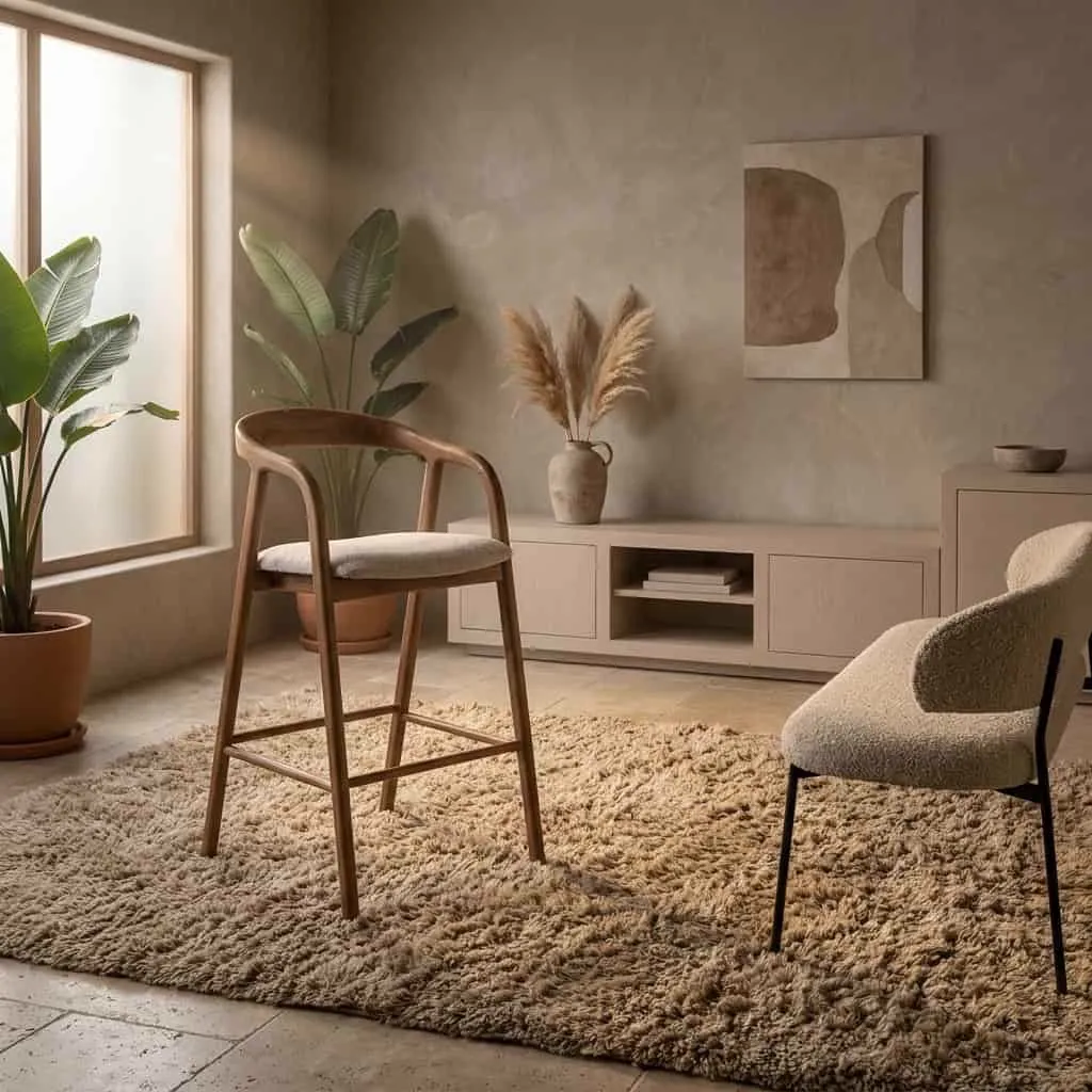 Barhocker Rayven hellbraun in einem stimmungsvollen Wohnzimmer mit Teppich und Pflanzen - Eleonora