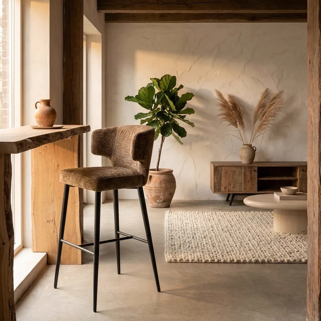 Barhocker Taylor Brandy Fusion Fire Retardant in einem stimmungsvollen Wohnzimmer mit Holzmöbeln und Pflanzen - Richmond Interiors