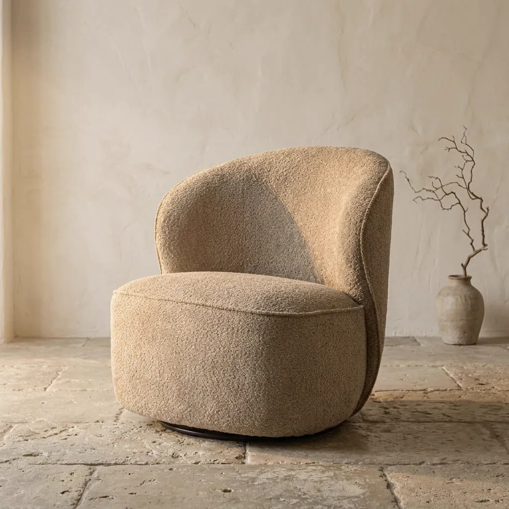 Der Belvi Sessel - Stoff AJ3019-11 Beige (drehbar) steht in einem Studio mit heller Wand und Steinboden - Tower Living