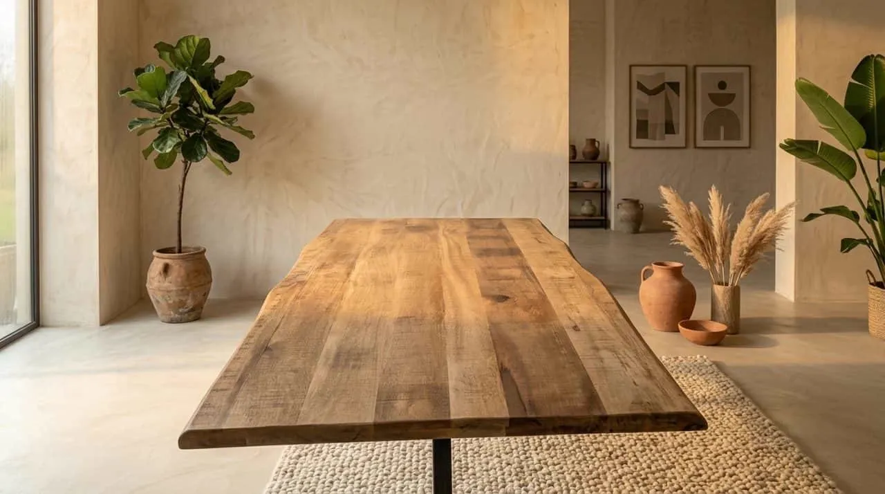 Baumstammtisch Boston Natur Mangoholz 220 cm in einem stimmungsvollen, hellen Wohnzimmer mit Pflanzen - Starfurn