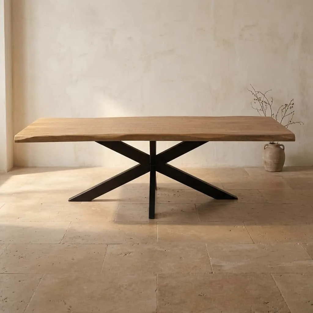 Baumstammtisch Dakota Natur Mangoholz 200 cm in einer Studio-Umgebung mit einer Vase und Ästen - Starfurn