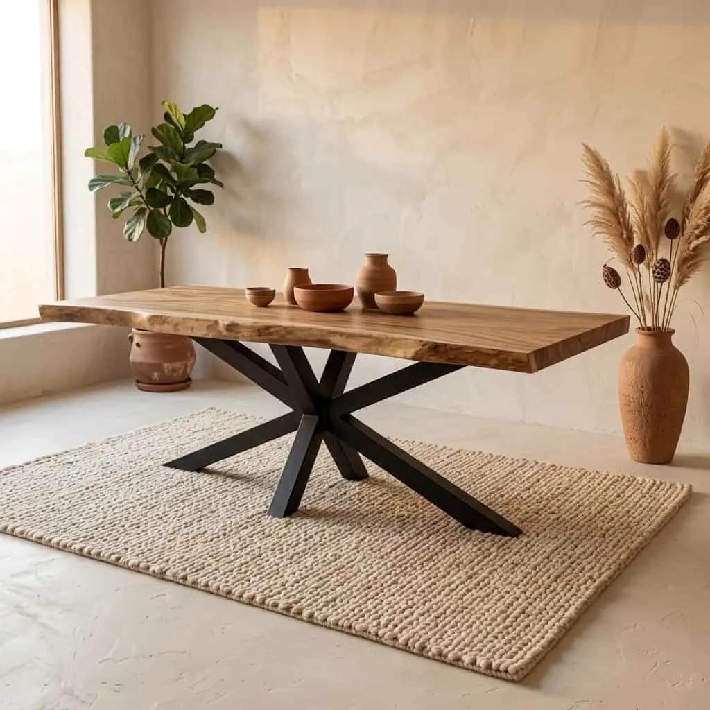 Baumstammtisch Suarholz mit Spinnenbein in einem hellen Studio-Setting mit Teppich und Pflanze - World of Brosi