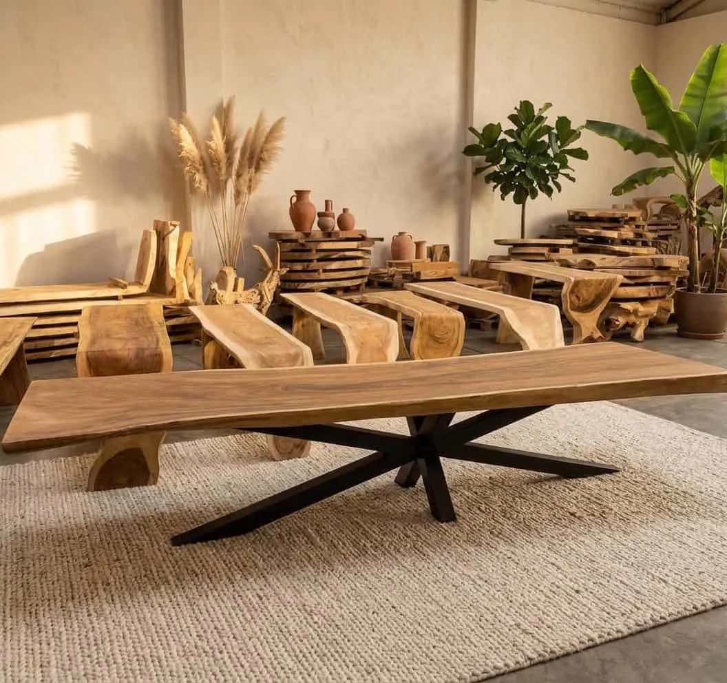 Baumstammtisch Suarholz V-Fuß Bronze in einer Studio-Umgebung mit Holzbänken und Dekoration - World of Brosi