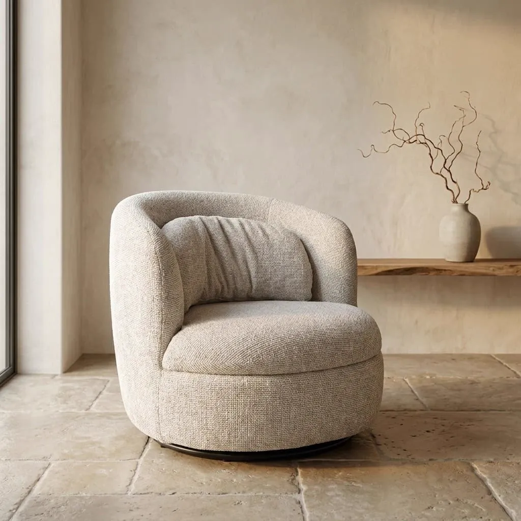 Der Sessel Britt Beige steht in einer Zimmerecke mit einem Holzregal und einer Vase - Livingfurn