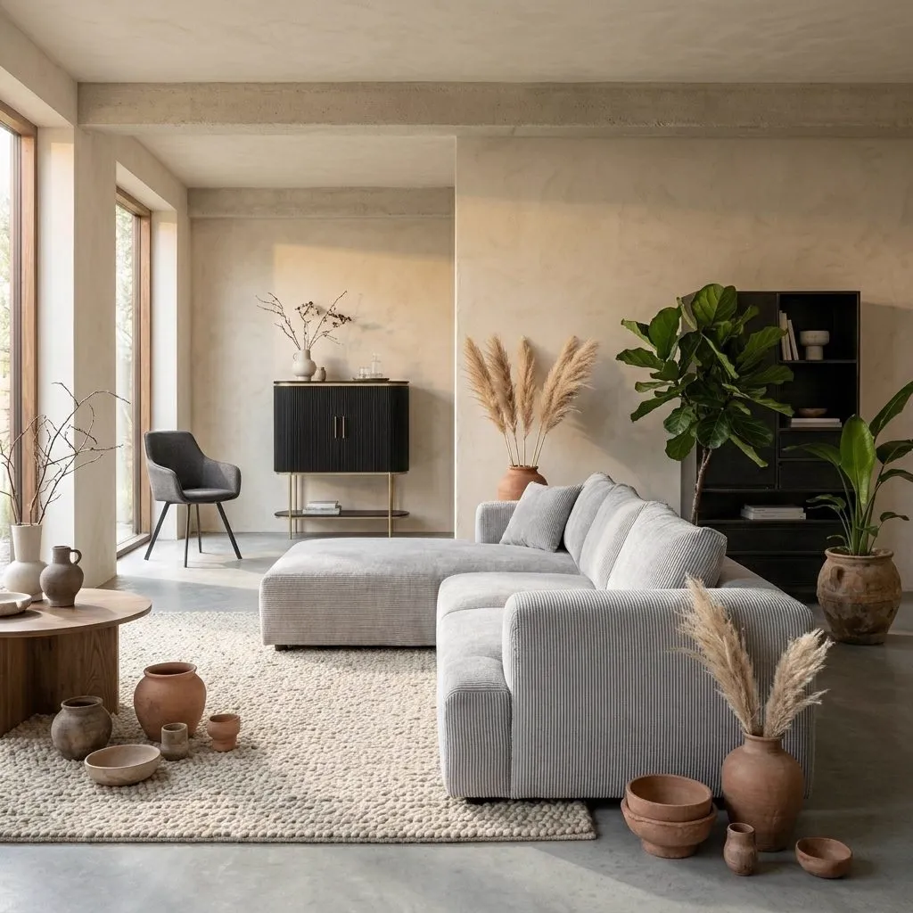 Canterbury 2 5-AR + Chaise L - Mona 120 Taupe bankstel in een moderne woonkamer met planten en aardewerk - Tower Living