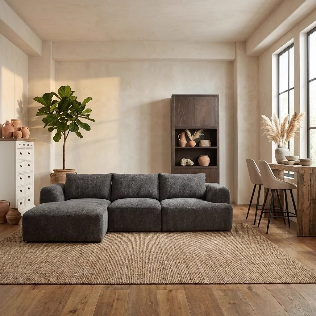 De Canterbury 2.5-AR + Chaise L - Mona 464 Cement Grey bank in een sfeervolle woonkamer met houten vloer en jute vloerkleed - Tower Living
