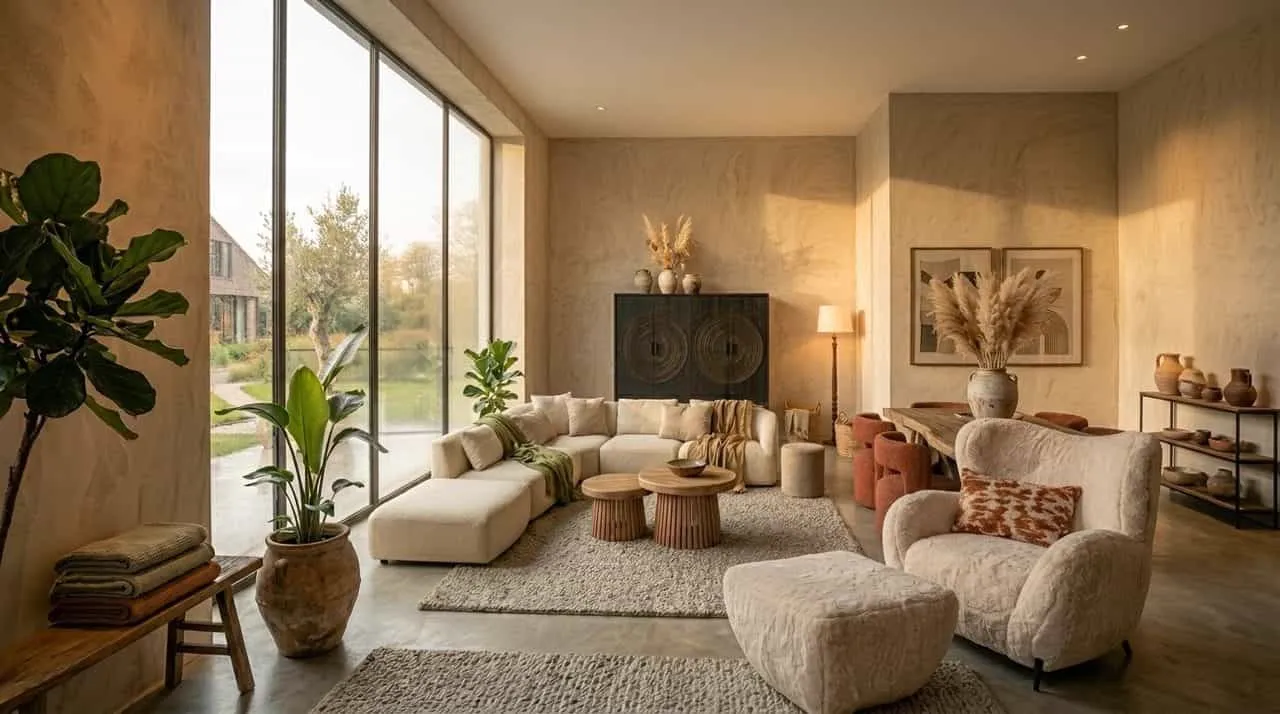 Dänischer ovaler Esstisch Madison in einem stimmungsvollen Wohnzimmer mit vielen Pflanzen und einem großen Sofa - Starfurn