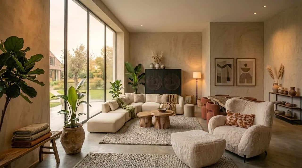 Dänischer ovaler Esstisch Madison in einem geräumigen Wohnzimmer mit großen Fenstern und moderner Einrichtung - Starfurn