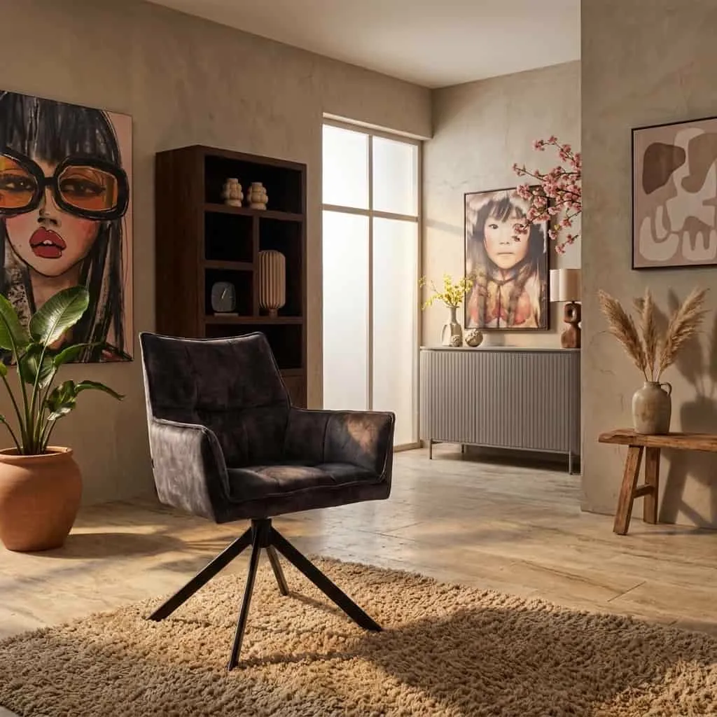 Esszimmerstuhl Dani Drehbar Anthrazit Samtvelours in einem stimmungsvollen Wohnzimmer mit Kunst und Pflanzen - Starfurn