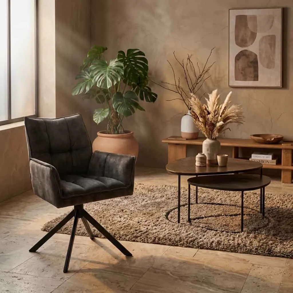 Esszimmerstuhl Dani Drehbar Grüner Samtvelours in einem stimmungsvollen Wohnzimmer mit Pflanzen und Couchtischen - Starfurn