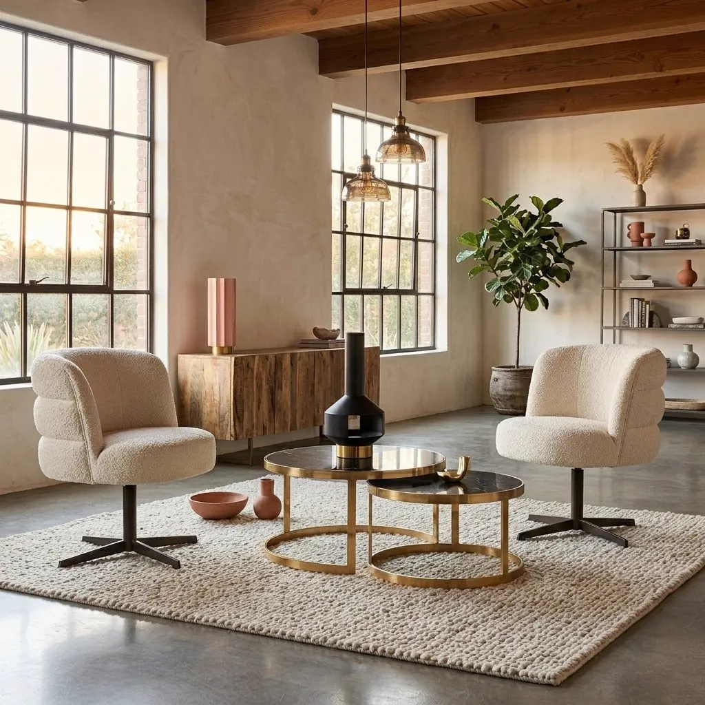 Esszimmerstuhl Alexander Jones cream fusion swivel (Chadwick) in einem hellen Wohnzimmer mit großen Fenstern und einem Teppich - Richmond Interiors