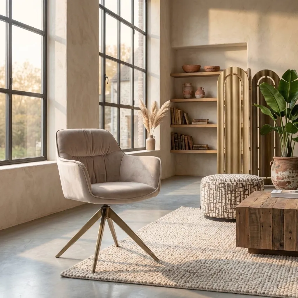 Esszimmerstuhl Aline in Khaki-Samt mit Drehfuß, platziert in einem modernen Wohnzimmer mit großen Fenstern - Richmond Interiors