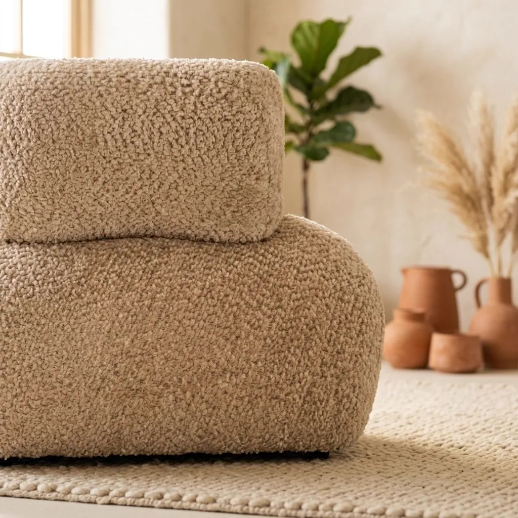 Nahaufnahme der Sitzfläche und Rückenlehne des Esszimmerstuhls Cheyenne lovely beige swivel, mit einem Teppich und Terrakottatöpfen im Hintergrund - Richmond Interiors