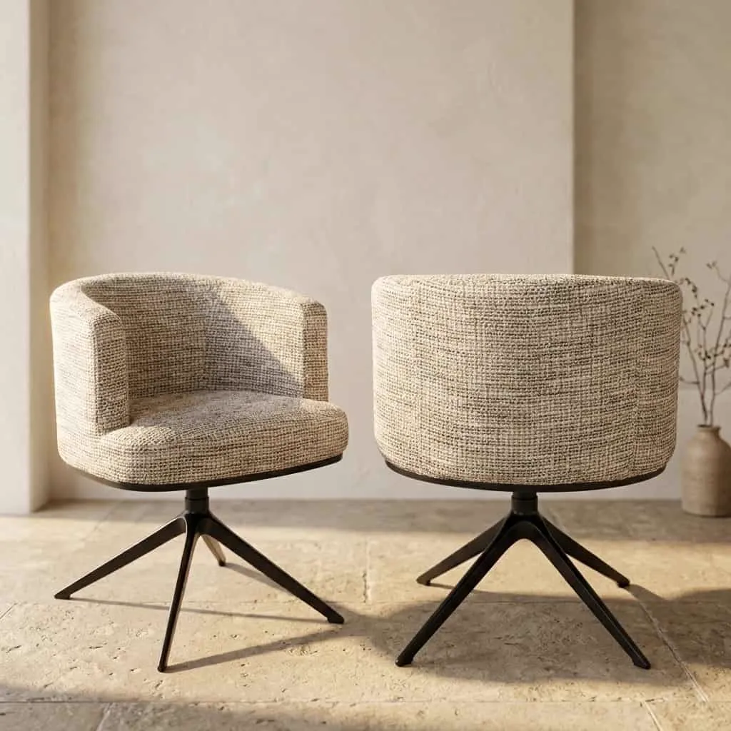 Zwei Esszimmerstühle Cheyenne trendy nature Drehsessel mit Stoffbezug und schwarzem Drehfuß in einem hellen Raum - Richmond Interiors
