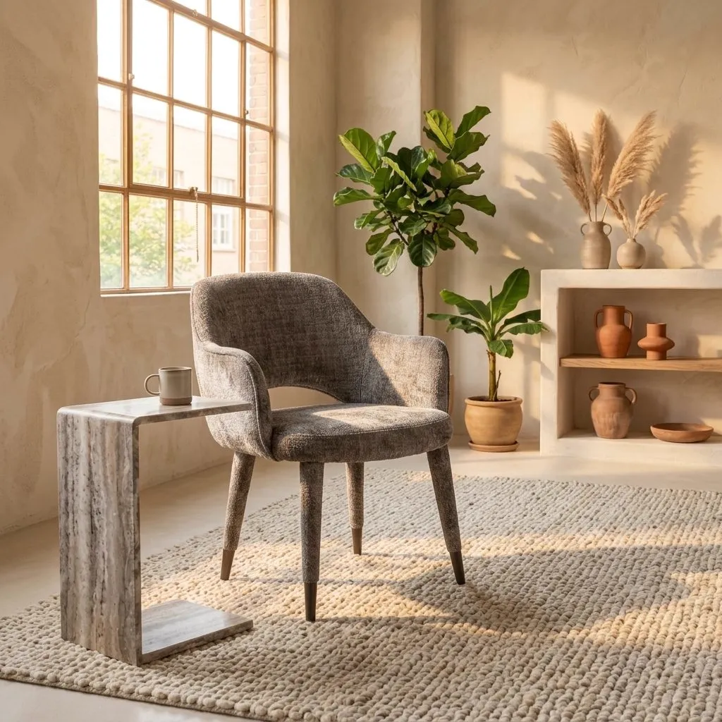 Der Esszimmerstuhl Donnatella niagara stone fire retardant steht in einem hellen Wohnzimmer mit Beistelltisch und Pflanzen - Richmond Interiors