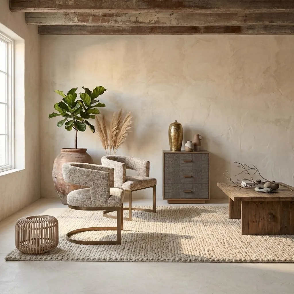 Zwei Esszimmerstuhl Ellis trendy nature Stühle in einem stimmungsvollen Wohnzimmer mit Teppich und Pflanzen - Richmond Interiors