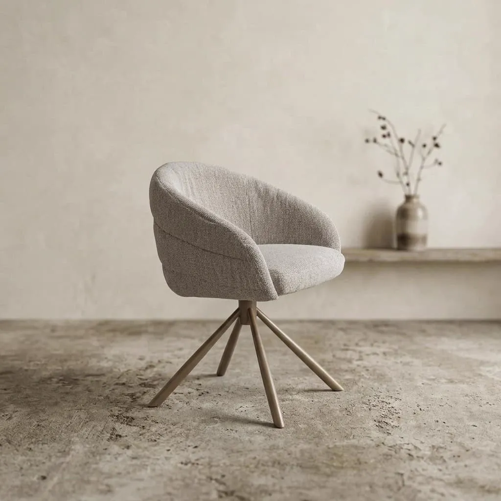 Eetkamerstoel Jens met een lichte stoffen bekleding en houten poten in een minimalistische setting - Anker Studio