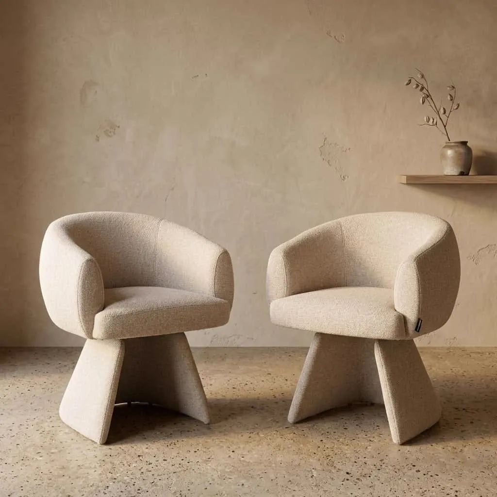 Zwei beige Esszimmerstühle Quiriro Biscotti Swivel stehen auf einem Betonboden vor einer beigen Wand - Richmond Interiors