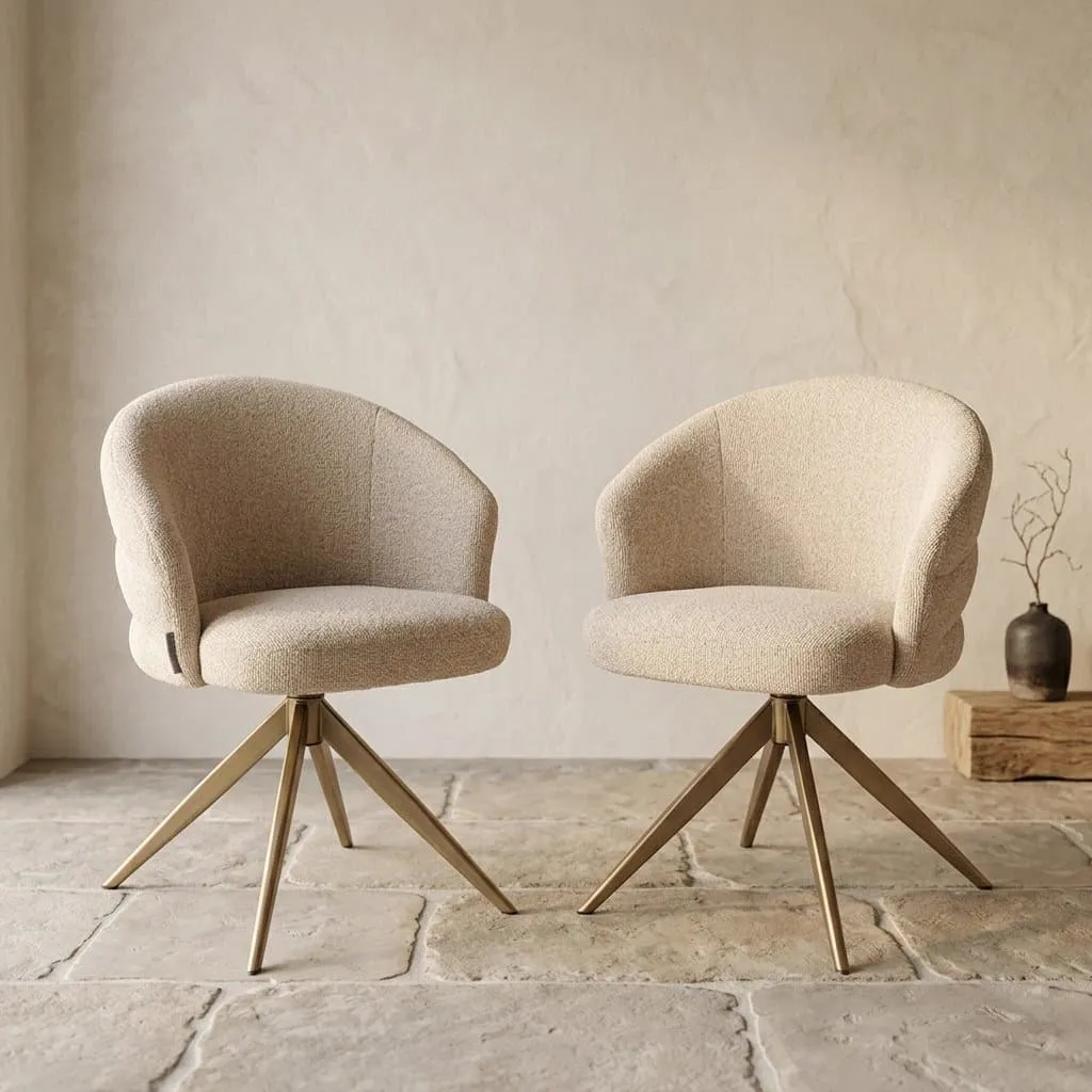 Twee eetkamerstoelen Zendaya biscotti swivel fire retardant staan op een stenen vloer in een studio - Richmond Interiors