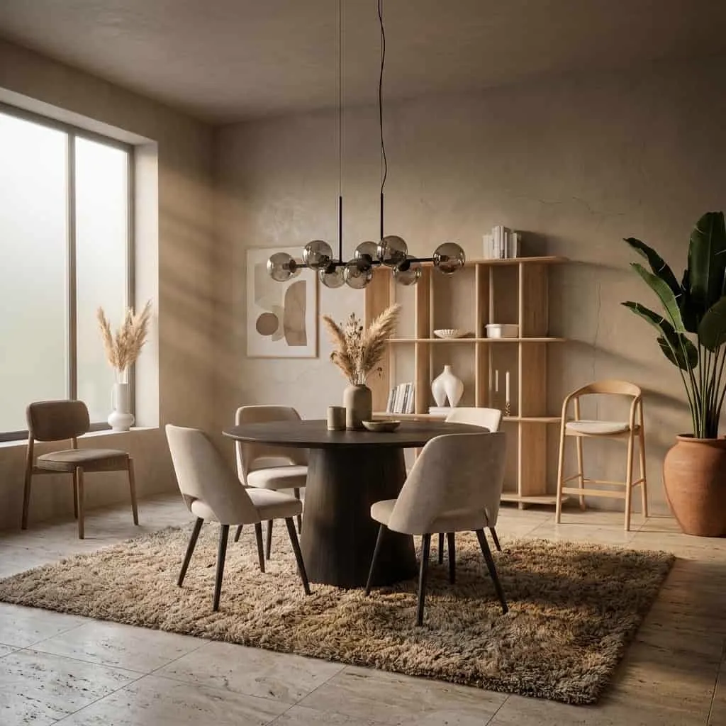 Der Esstisch Aron oval 300x110 - schwarz in einem stimmungsvollen Esszimmer mit beigen Stühlen und Teppich - Eleonora