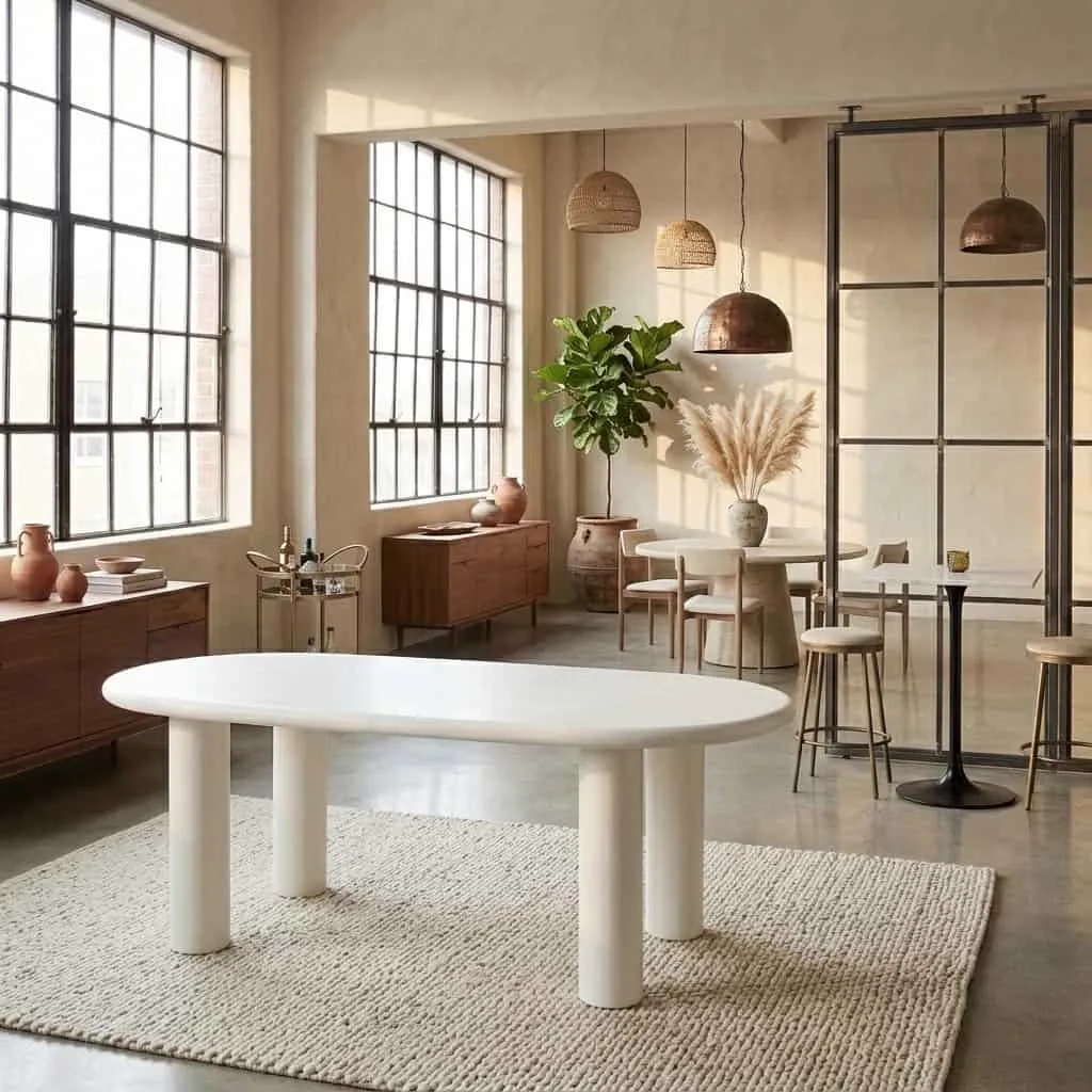 Der Esstisch Bloomstone white 235 in einem großen, hellen Esszimmer mit hohen Fenstern - Richmond Interiors