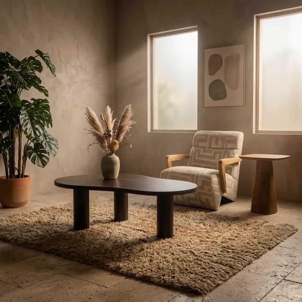 Esstisch Bobbie in einem stimmungsvollen Wohnzimmer mit Sessel, Teppich und Pflanze - Eleonora