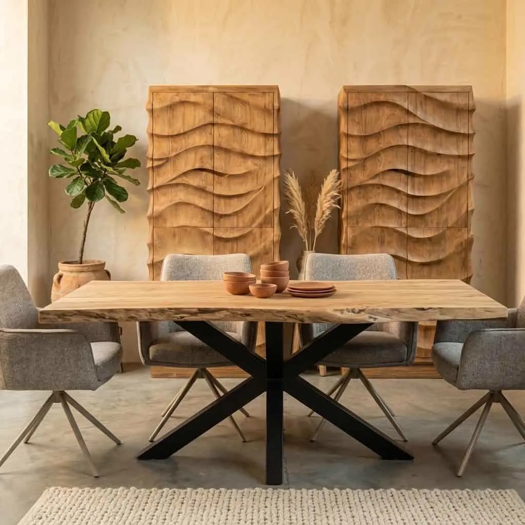 Baumstamm-Esstisch Nando in einem stimmungsvollen Ambiente mit Stühlen und Dekoration, aus mittlerer Perspektive - Mokana Furniture