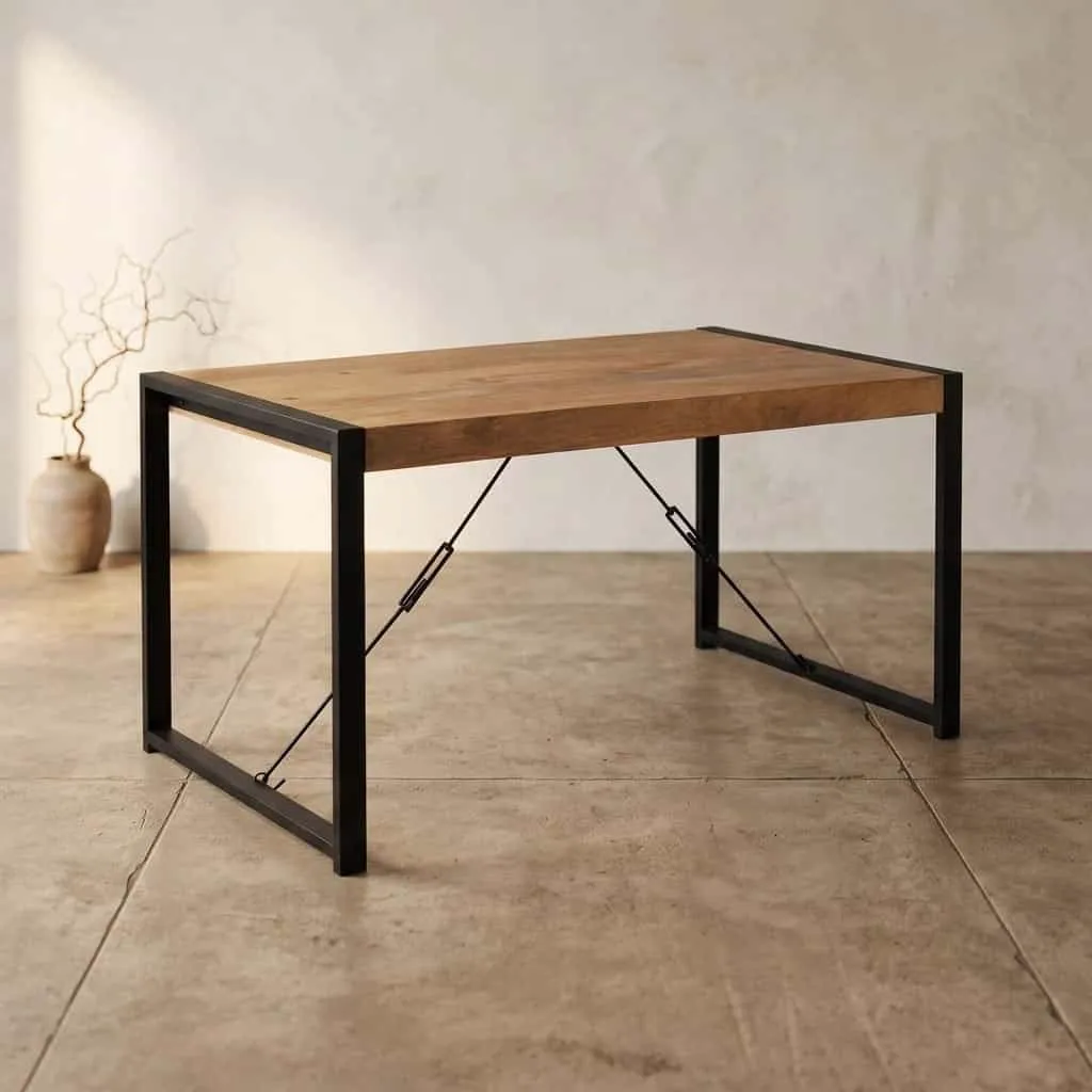 Esstisch Britt 160 cm mit Holzplatte und schwarzem Metallgestell in einer Studio-Umgebung - Starfurn