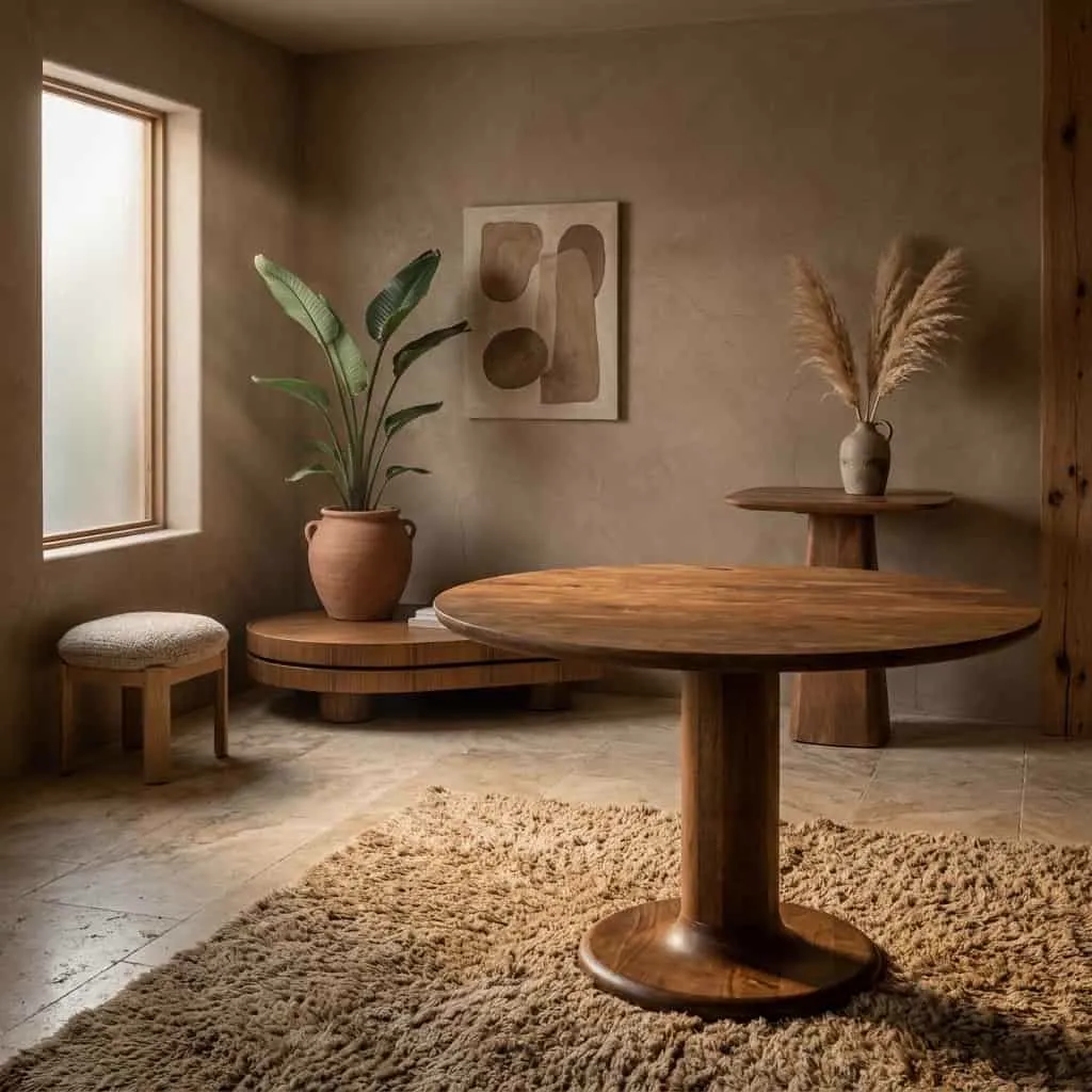 Esstisch Coco 130x77 cm - hellbraun in einem stimmungsvollen, warmen Wohnzimmer mit Pflanzen und Teppich - Eleonora