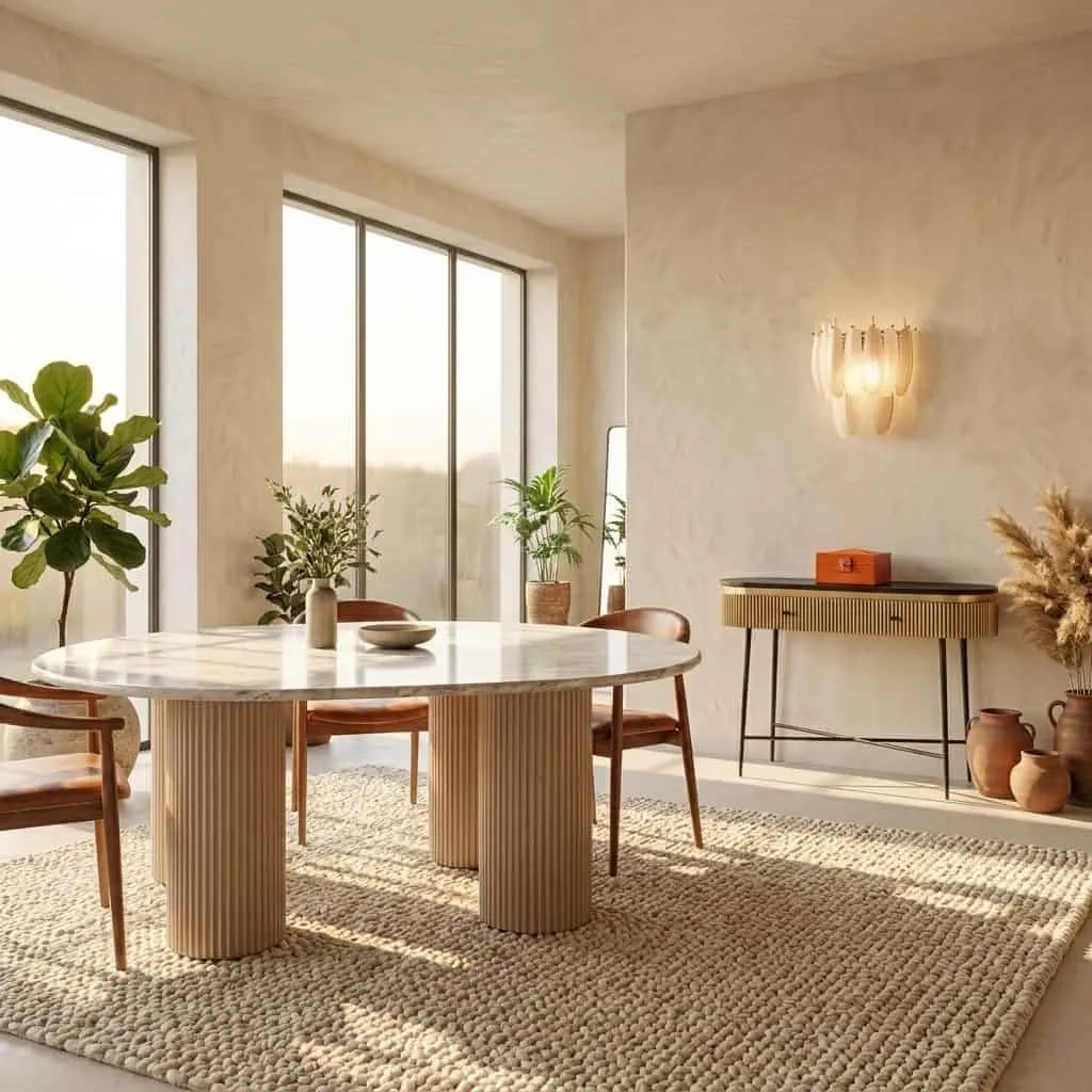 Esstisch Coronel Blush beige 240 in einem hellen Esszimmer mit großen Fenstern und Pflanzen - Richmond Interiors