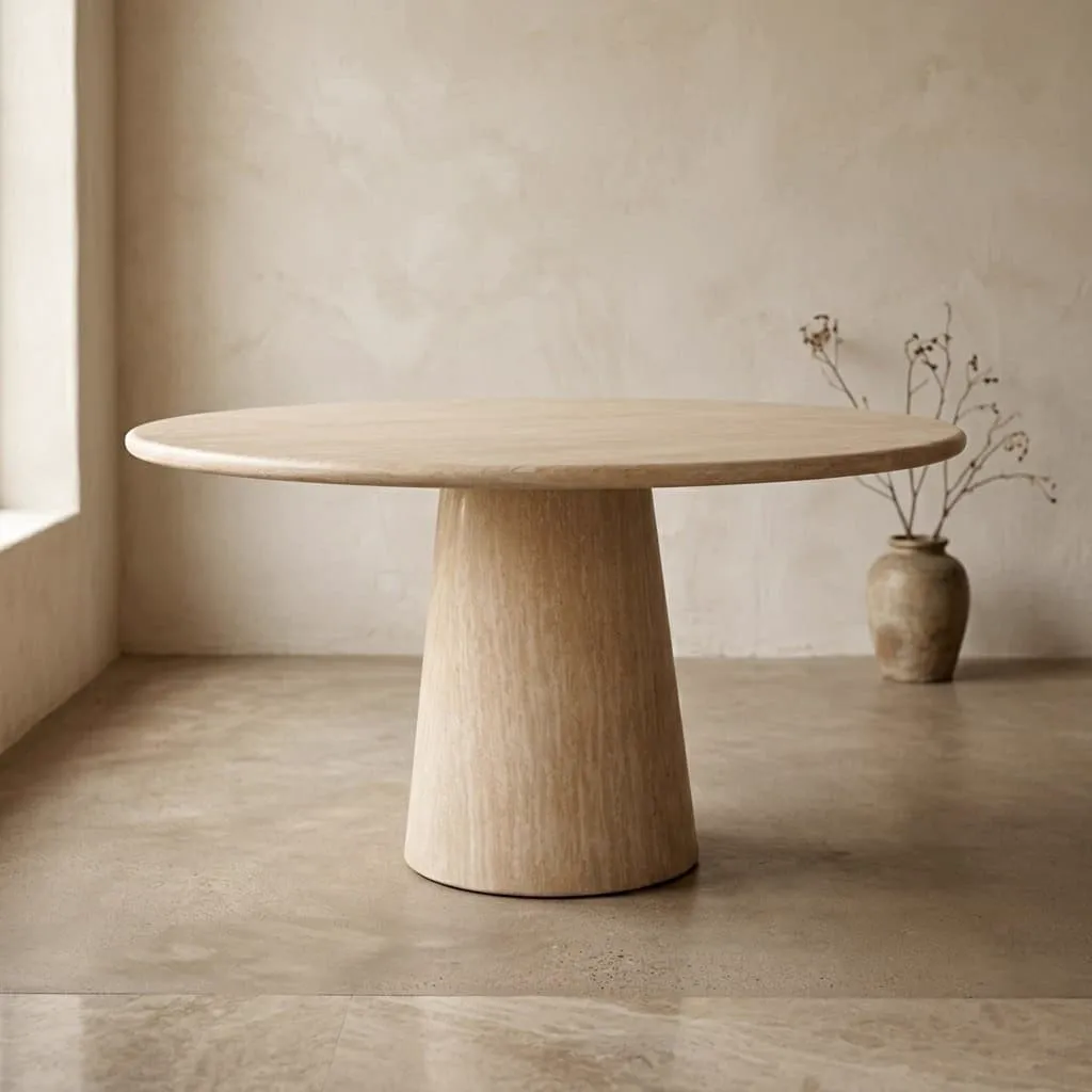 Esstisch Fictus beige 140Ø in einem minimalistischen Studio mit einer Vase mit Ästen - Richmond Interiors