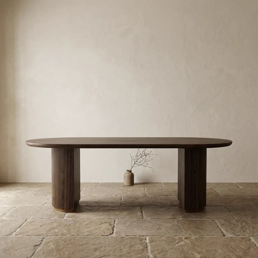 Der Esstisch Kingston braun 280 in einer minimalistischen Umgebung mit hellen Wänden und einem Steinfußboden - Richmond Interiors