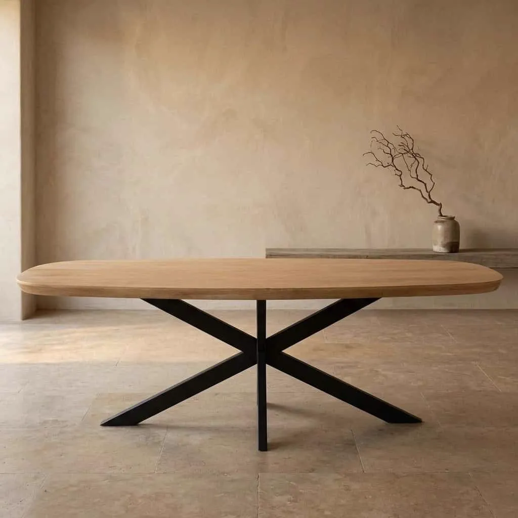 Esstisch Madison Natural, 280 cm, dänisch oval, in einem minimalistischen Studio-Setting mit hellen Wänden und einer Vase mit Ästen - Starfurn
