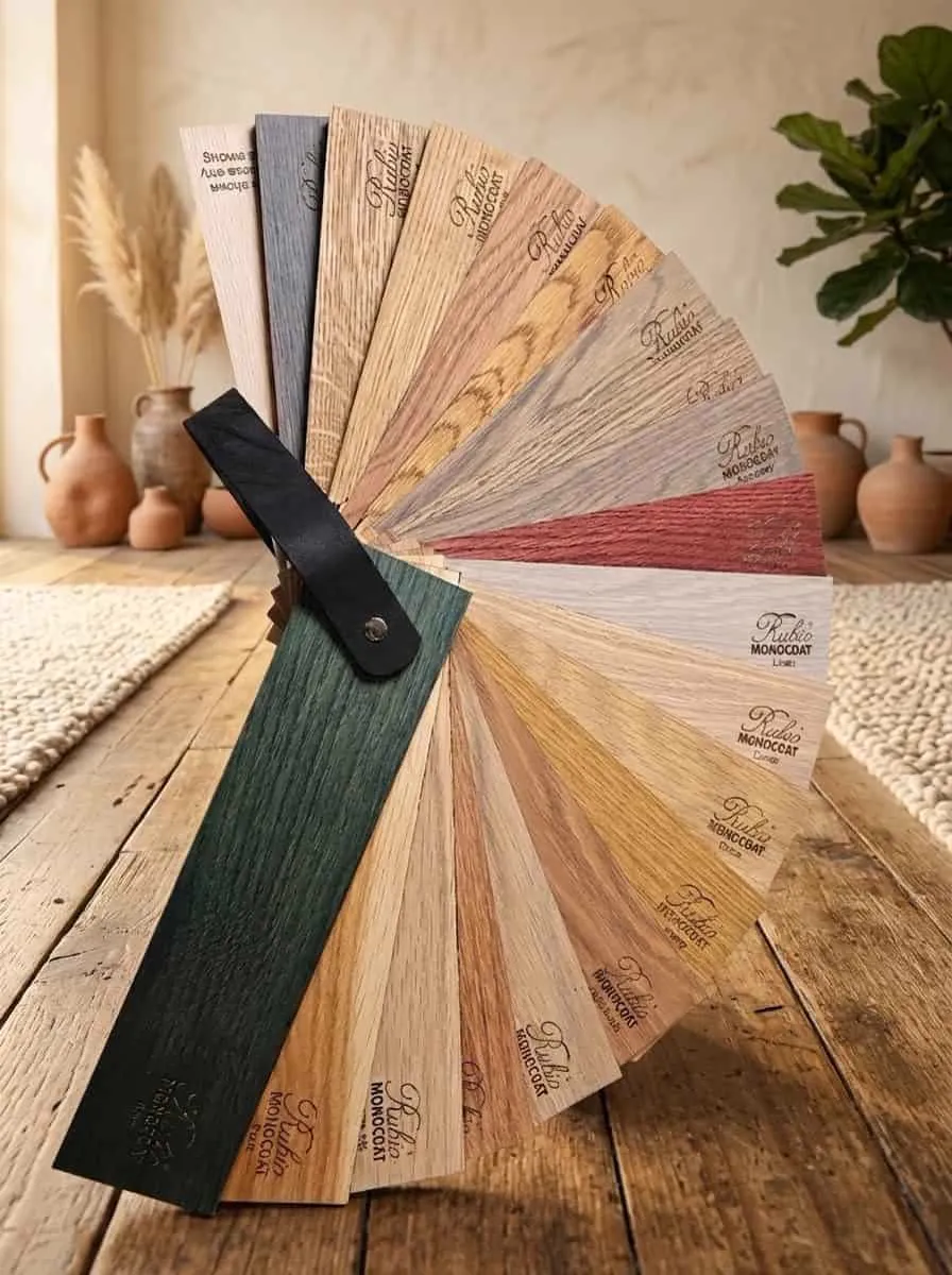 Nahaufnahme eines Fächers mit Farbmustern für den Esstisch Nout, liegend auf einem Holzboden