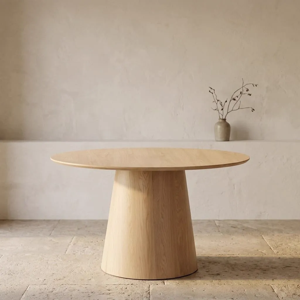 Esstisch Novero 130cm in einem minimalistischen Studio mit einer Vase mit Zweigen auf einem Regal - Livingfurn