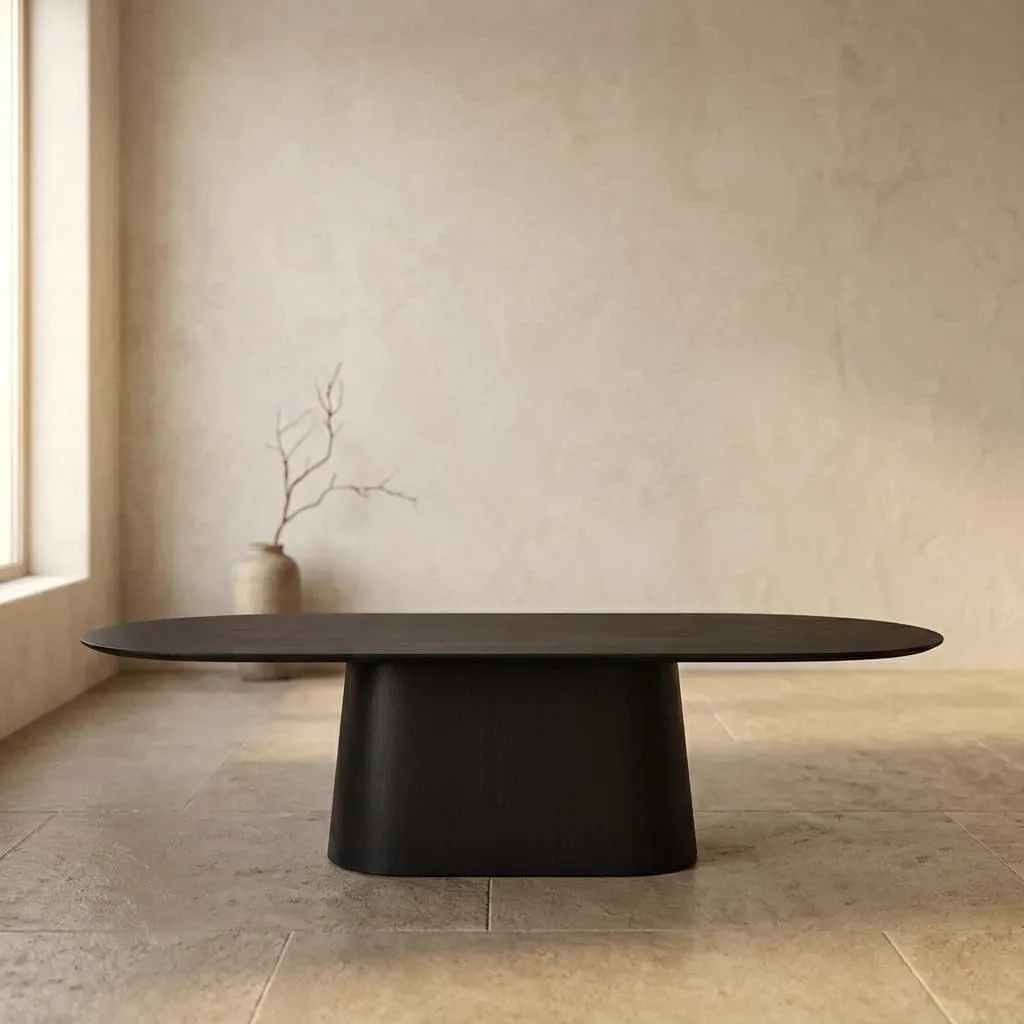 Esstisch Novero Espresso 280cm in einer minimalistischen Umgebung mit einer Vase und Ästen im Hintergrund - Livingfurn