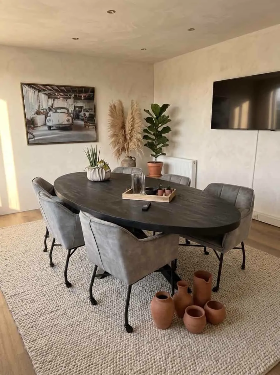 Eettafel ovaal zwart in een sfeervolle eetkamer met grijze stoelen en een vloerkleed - Mokana Furniture