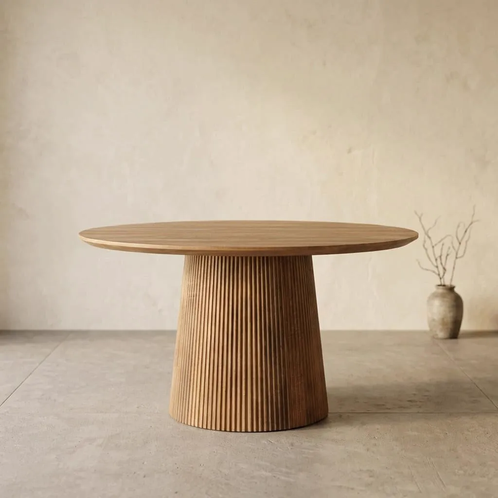 Esstisch Salvator 130cm in einer Studio-Umgebung mit einer Vase mit Ästen im Hintergrund - Livingfurn