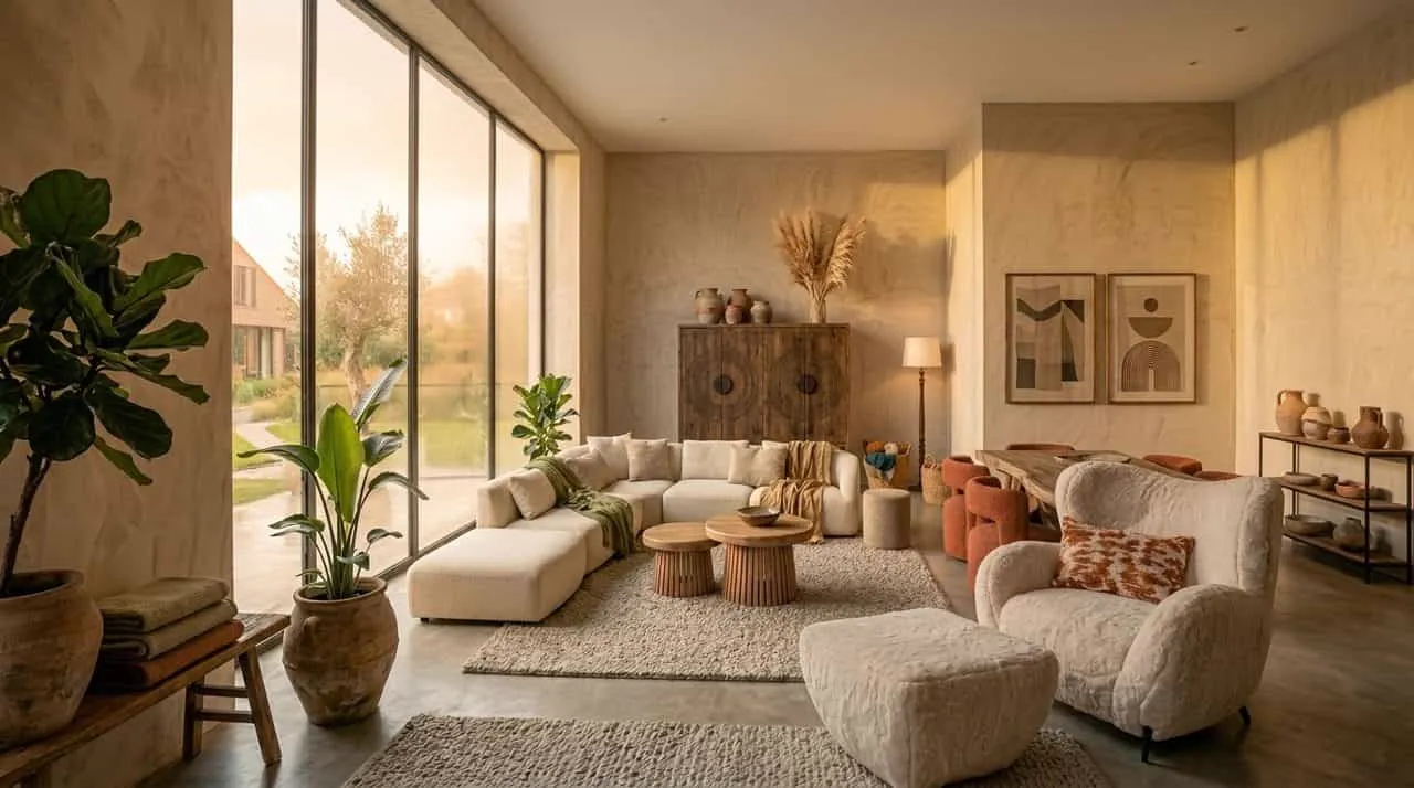 Langer Esstisch Wasserfall Suarholz in einem geräumigen, hellen Wohnzimmer mit vielen Pflanzen und einem großen Sofa - World of Brosi