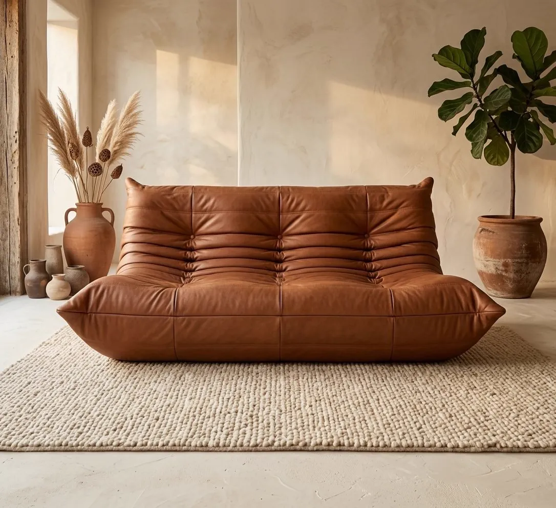 Fauteuil Contempo leder in een sfeervolle woonkamer met een vloerkleed, plant en vazen - Primavera
