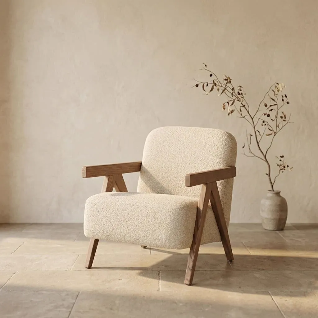 Sessel Francis - beige Flou in einem hellen Studio mit einer Vase und Zweigen im Hintergrund - Eleonora