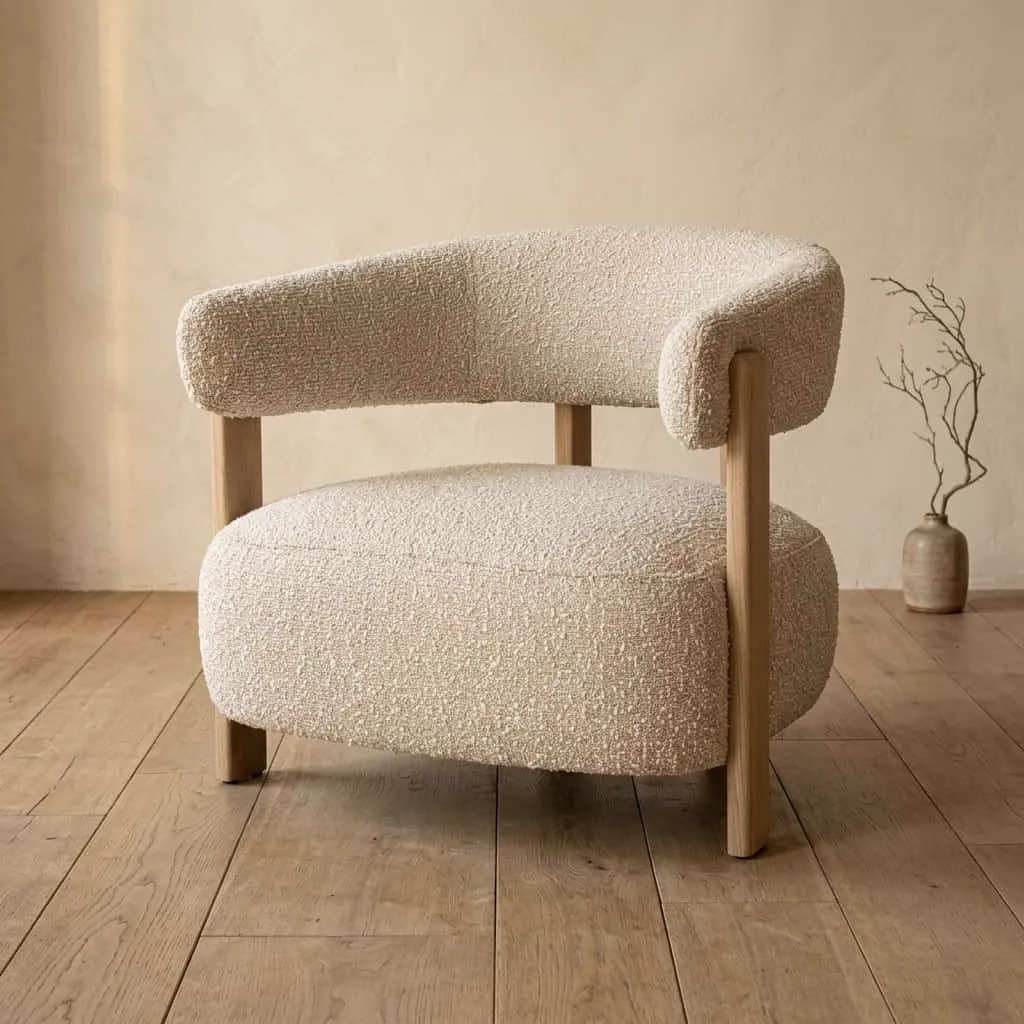Sessel Lola in taupe Hush mit Holzbeinen in einer hellen Studio-Umgebung - Eleonora